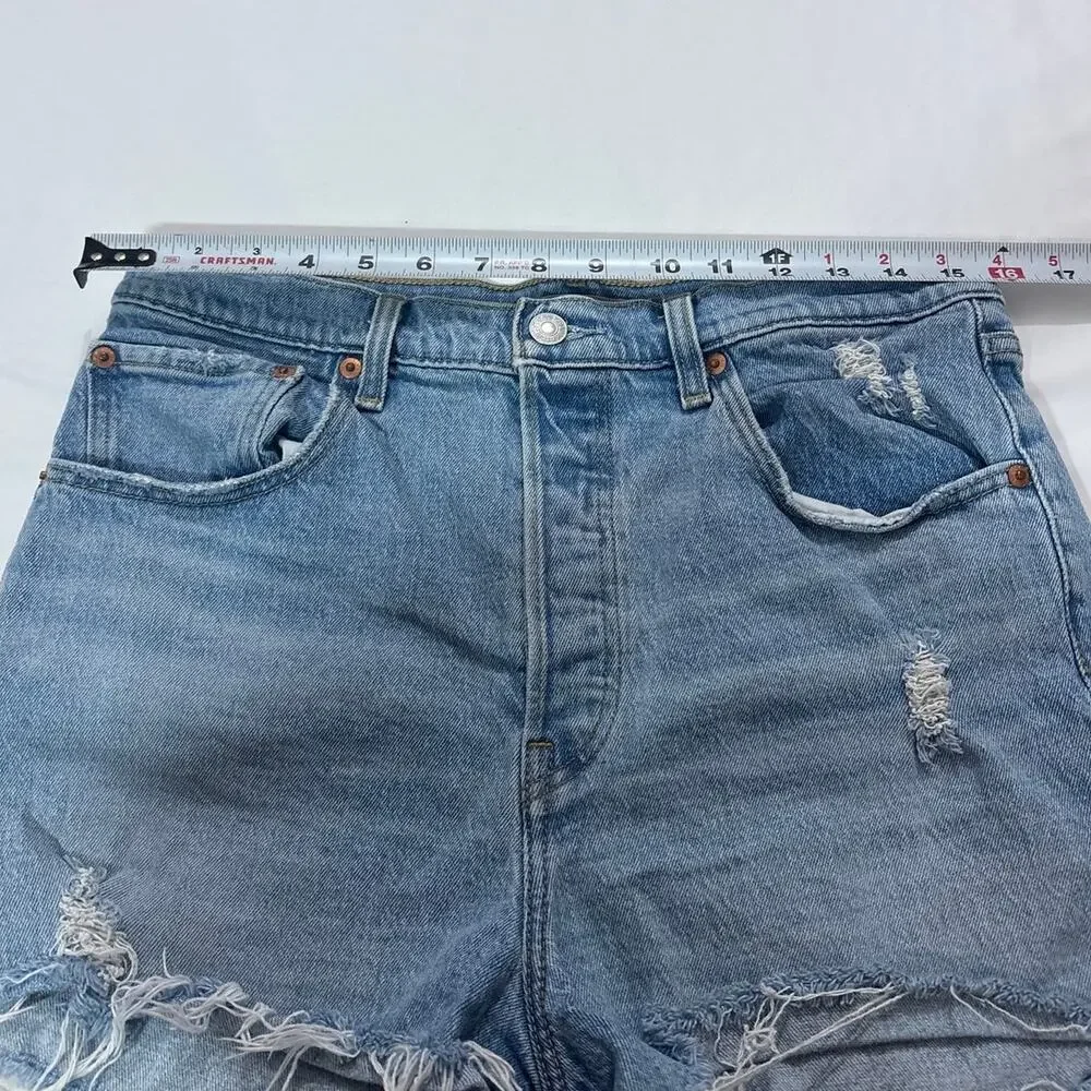 Levis Women’s 31 Ribcage Straight Denim Shorts High Rise Cutoff Raw Hem Blue